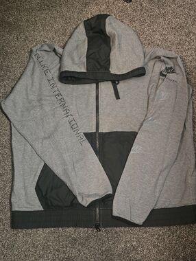 Nike International Grey and Black Mixed Media Hooded Windbreaker Jacket